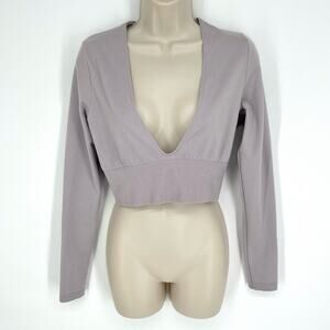 Reebok Nature-X NEW Deep V-Neck Crop Top Sz L Lavender Rib Knit Waist Stretch